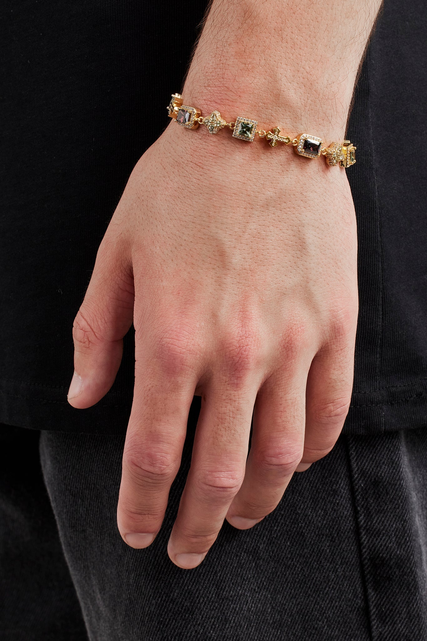 Chocolate Motif & Cross Multi Gemstone Bracelet -Â 8mm - Gold